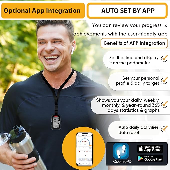 CoolFire - Pedometer, 2025 Indoor & Outdoor 3D Clip-On Pedometer, Accurate Step Counter for Walking Steps and Miles, Calories, Ankle Step Tracker for Fitness, Optional App