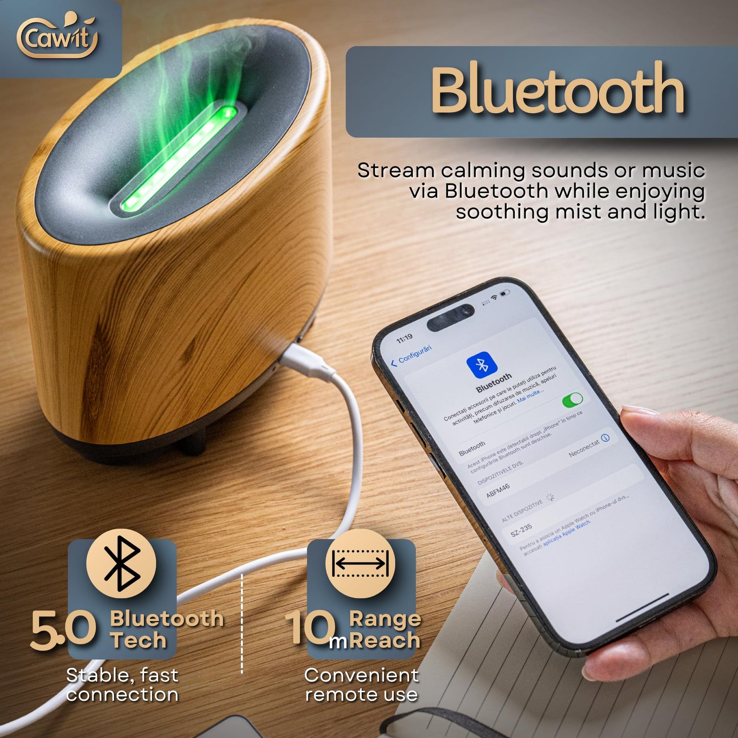 Portable Humidifier & Diffuser with Colored Flames – Bluetooth Speaker & Aromatherapy | Small Warm Mist Humidifier - Essential Oil Scent Diffuser & Air Freshener for Home, Bedroom, Office & Travel