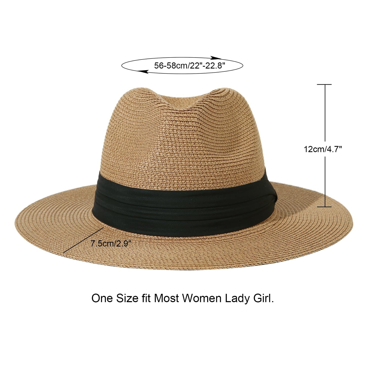 Lanzom Women Wide Brim Straw Panama Roll up Hat Fedora Beach Sun Hat UPF50+ (A-Square Belt Brown)