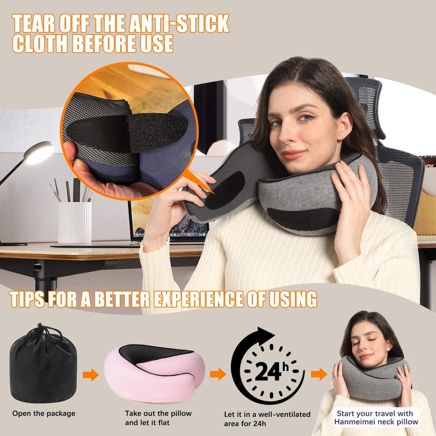 Hanmeimei Travel Neck Pillows for Airplanes Or Cars, 360° Head Support for Comfort On Long Flight, Skin-Friendly and Breathable, Kit with 3D Contoured Eye Mask, Earplugs and Storage Bag