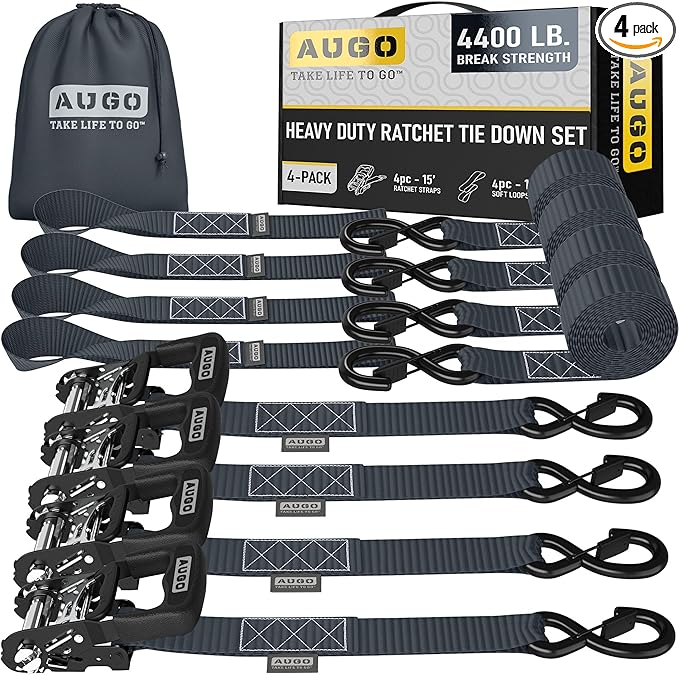 AUGO Heavy Duty Ratchet Straps & Soft Loops – Pack of 4 Extra Strong 1.5” by 15’ Ratchet Straps w/S-Hook Safety Latches & 4 Soft Loop Tie Downs – 4400Lb Break Strength for Motorcycles, ATVs, Etc.