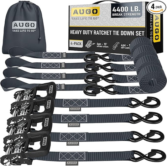 AUGO Heavy Duty Ratchet Straps & Soft Loops – Pack of 4 Extra Strong 1.5” by 15’ Ratchet Straps w/S-Hook Safety Latches & 4 Soft Loop Tie Downs – 4400Lb Break Strength for Motorcycles, ATVs, Etc.
