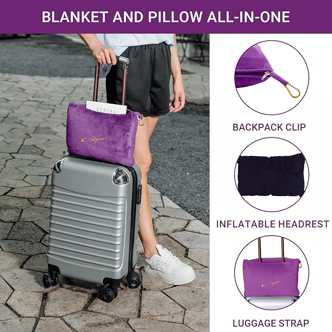 Travel Blanket & Pillow Set, 300 GSM Soft Fleece, 60x43 Inches, 3-in-1 Airplane Blanket, Travel Pillow and Blanket Set, Travel Blanket Airplane Compact with Bag, Travel Essentials, Violet