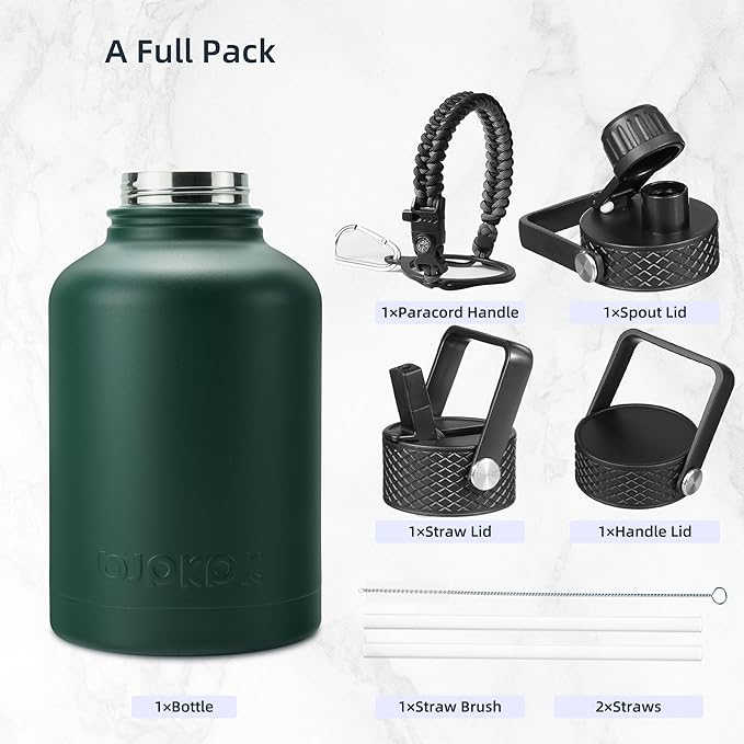 BJPKPK Insulated Water Bottles with Straw Lid, 50oz Large Water Jug, Stainless Steel Vacuum Bottles, Hot & Cold Thermo with 3 Lids and Paracord Handle,Army Green