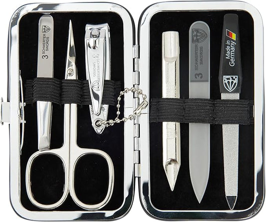 3 Swords Germany - Brand Quality 6 Piece Manicure Pedicure Grooming kit Set - Scissors, Metal and Glass Nail File, Clipper, Tweezers with Synthetic Leather case - Brown II