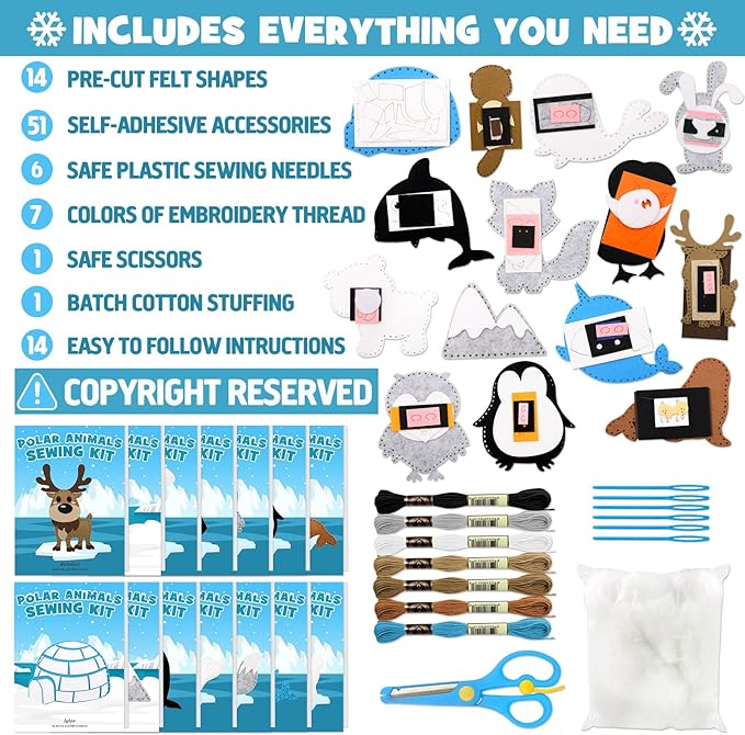 CiyvoLyeen Polar Animals Sewing Kit for Kids Make Your Own Winter Polar Animals Felt Plush Craft Kit Includes 14 Creative Projects to Sewing Beginners Fun DIY Educational Gift for Boys and Girls