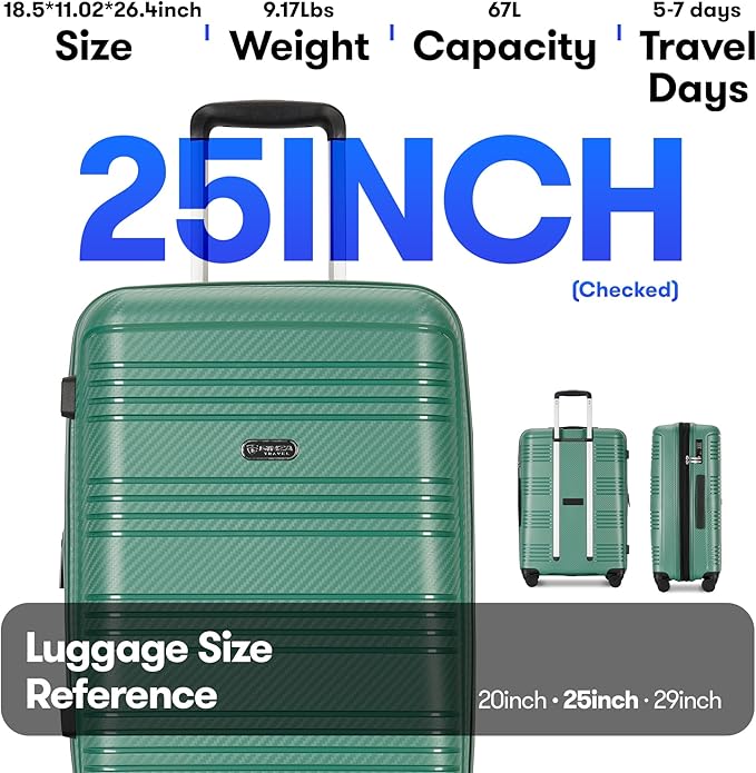 25 Inch Medium Checked Luggage Lightweight Suitcase with Spinner Wheels TSA Lock, Green