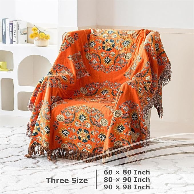 Boho Throw Blanket for Bed 100% Cotton Ultra Soft Rustic Quilt Fall Blanket Floral Farmhouse Decor Bed Blankets,All Season Rustic Throw for Sofa Chair 90"×98"