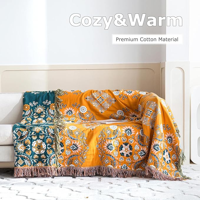 Boho Throw Blanket for Bed 100% Cotton Ultra Soft Rustic Quilt Fall Blanket Floral Printed Farmhouse Decor Bed Blankets,80"×90" All Season Rustic Throw for Sofa Couch Chair