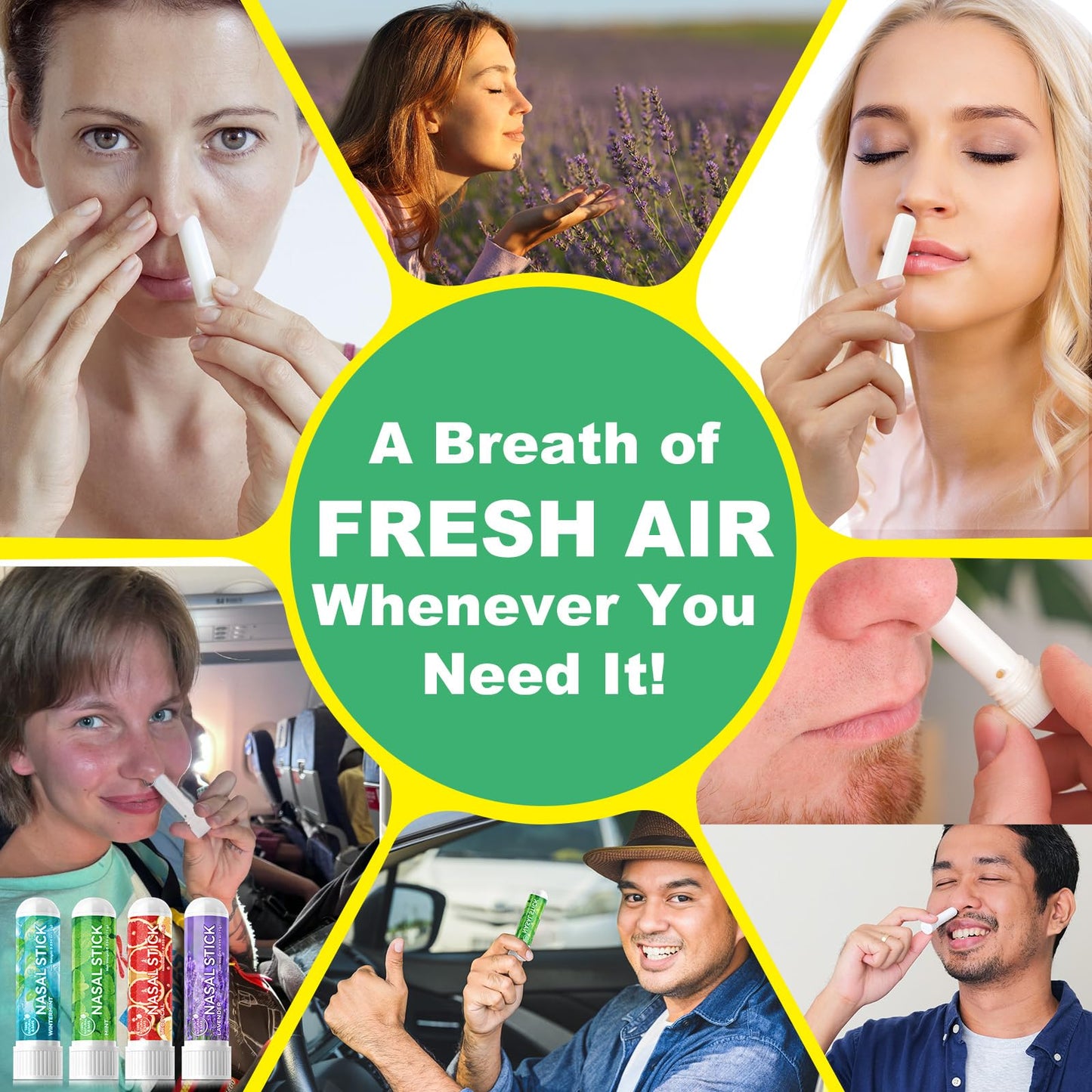 HUALIJIA Nasal Sticks (8 Pack), Nose Inhaler Stick with Essential Oils + Menthol (Mint, Wintermint, Tropical, Lavender) - Enhance Focus & Breathe Better, Provides Fresh Cooling Sensation