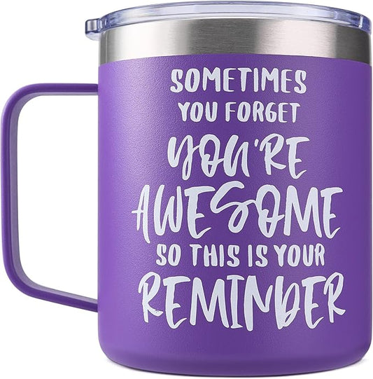SUNWILL Insulated Coffee Mug with Lid, Birthday Gifts for Women, Stainless Steel Coffee Cup, Inspirational Sometimes You Forget You're Awesome Gifts for Christmas, Graduation, Thank You - 14oz Purple