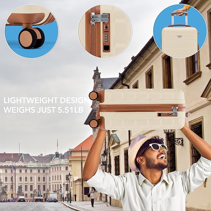 Carry On Suitcase Hardside Built In TSA Lock & USB Port Silent Double Spinner Wheels Maximum Overhead Carry-On Bag For American & United Approved Airlines(22x14x9,Cream/Tan)