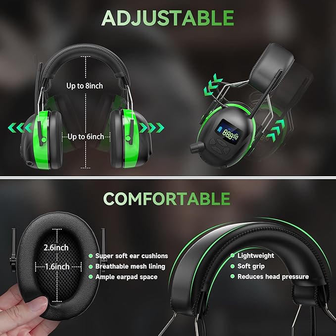 2025 AM/FM Radio Ear Protection Headphones with Backlit Digital Display, 120H Working Time, Rechargeable Hearing Protector, 30dB Noise Reduction Safety Earmuffs for Mowing, Construction, Work, Green