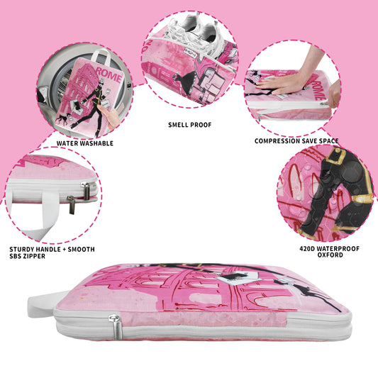 Compression Packing Cubes for Travel, 6 Set Pink Fashion Luxury Girly Luggage Organizers, Lightweight Waterproof Expandable/Compression Bags Smell Proof Travel Packing Cubes for Suitcases