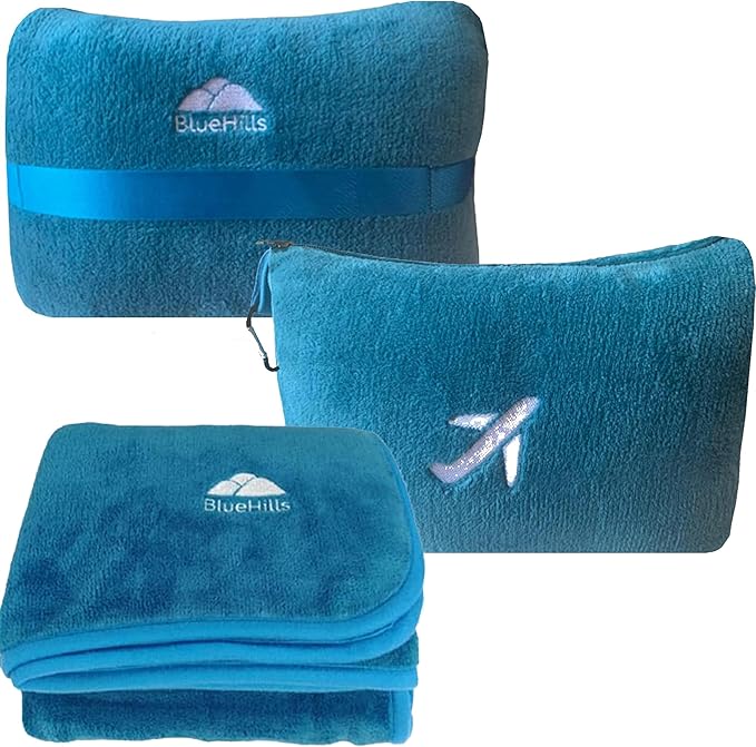 BlueHills Travel Blanket Pillow in Mini Soft Case Premium Plush Airplane Blanket in Soft Bag Compact Pack with Luggage Belt and Backpack Clip Airline Car 2 in 1 Traveler Essentials - Teal Blue M03