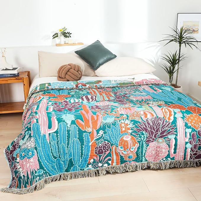 Boho Throw Blanket for Couch, 100% Cotton Cozy Warm Fall Throw Blankets, Ultra Soft Muslin Throw Blankets for Adults, Farmhouse, Boho Home Decors, 60"x80"