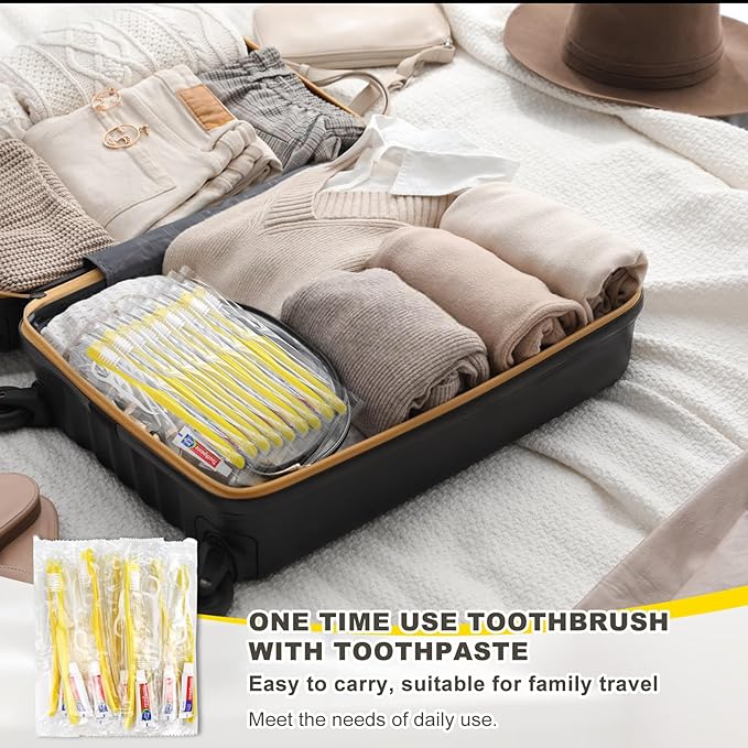 15pcs Disposable Toothbrushes with Toothpaste and Floss,Yellow Bulk Single Use Toothbrush Floss Pick Individually Wrapped Disposable Travel Toothbrushes Kit for Homeless,Airbnb,Hotel,Guest