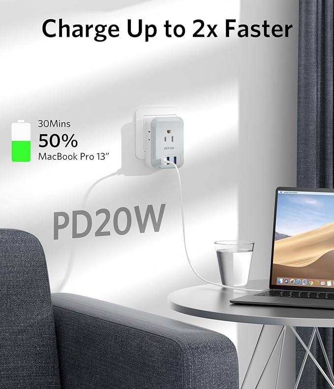 BESTEK 2 Pack European Travel Plug Adapter USB C - US to Europe Plug Adapter with 4 Outlets 3 USB Charger (1 PD 20W) Type C Plug Adapter Travel Essentials to Most Europe EU Spain Italy France Germany