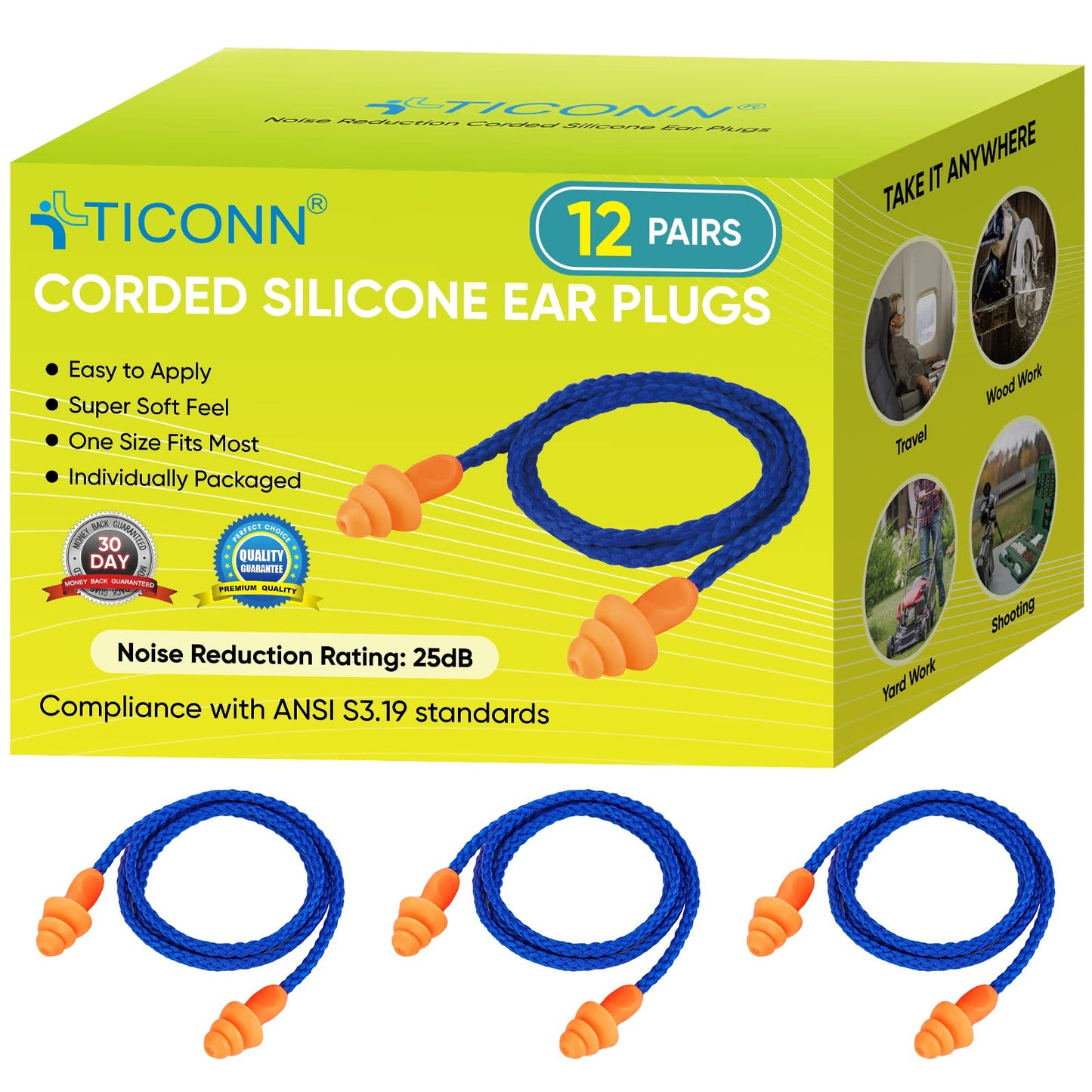 TICONN 12 Pairs Reusable Silicone Ear Plugs for Sleeping Noise Cancelling, 25dB NRR Corded Earplugs for Study Concentration Travel (12 Pairs)