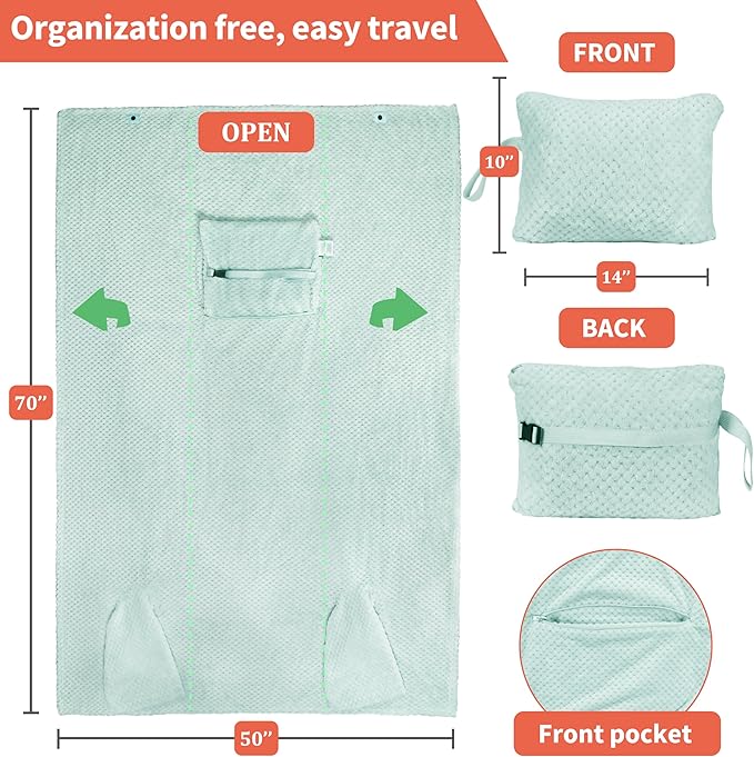 Tirrinia Travel Blanket Airplane Compact with Bag, Soft& Lightweight Wearable Blanket with Foot Pockets for Women Men Adults, Warm Snuggle Blanket, Airplane Travel Essentials,Travel Gifts for Her,Aqua