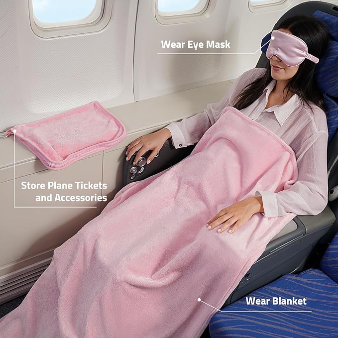 Travel Blanket, Airplane Blanket with Bag, Ultra-Soft, Warm & Lightweight, 65x40 in, Outdoor Blanket Essentials for Women, Men & Kids, Included Eye Mask, Luggage Sleeve & Backpack Clip
