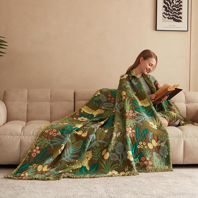 Boho Throw Blanket for Bed 100% Cotton Ultra Soft Rustic Quilt Fall Blanket Forest Tiger Printed Farmhouse Decor Bed Blankets,60"×80" All Season Rustic Throw for Sofa Couch Chair