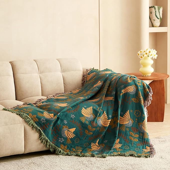 Boho Throw Blanket for Couch 100% Cotton Ultra Soft Rustic Quilt Birds and Floral Double Embroidery Fall Throw Blankets,50"×60" All Season Throws for Sofa Chair