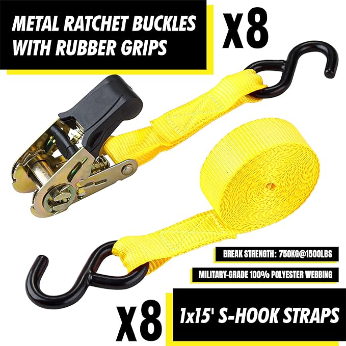 Cartman Ratchet Tie Down, 8Pk 15Ft, 500Lbs Load Cap/ 1500Lbs Break Strength, Cargo Straps for Moving Appliances, Lawn Equipment, Motorcycle in a Truck, with Carry Bag