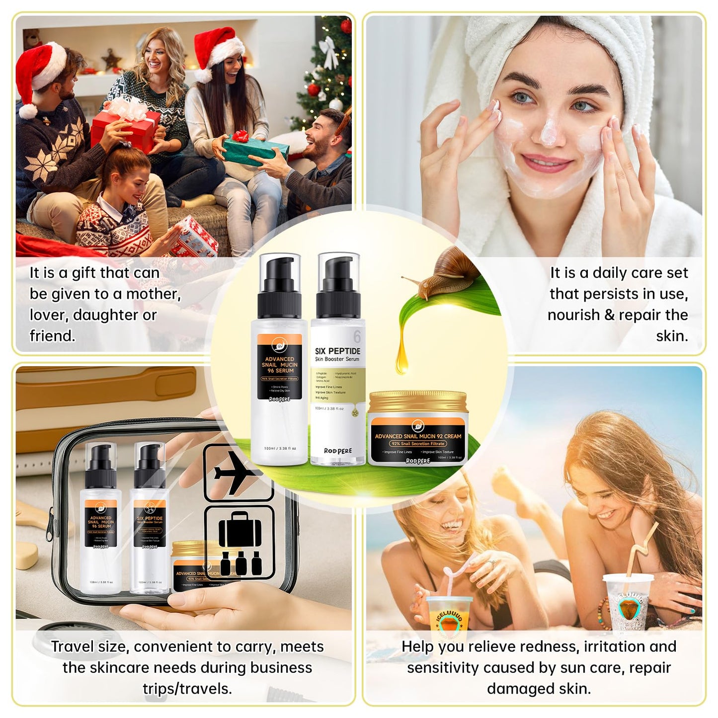 Advanced Skin Care Set With Snail 96 Mucin Power Essence, 6 Peptide Skin Booster Serum, Snail 92 Mucin Cream, 3 PCS Skin Care Gift Kit For Women, Travel Size, Anti Aging, Improve Fine Lines