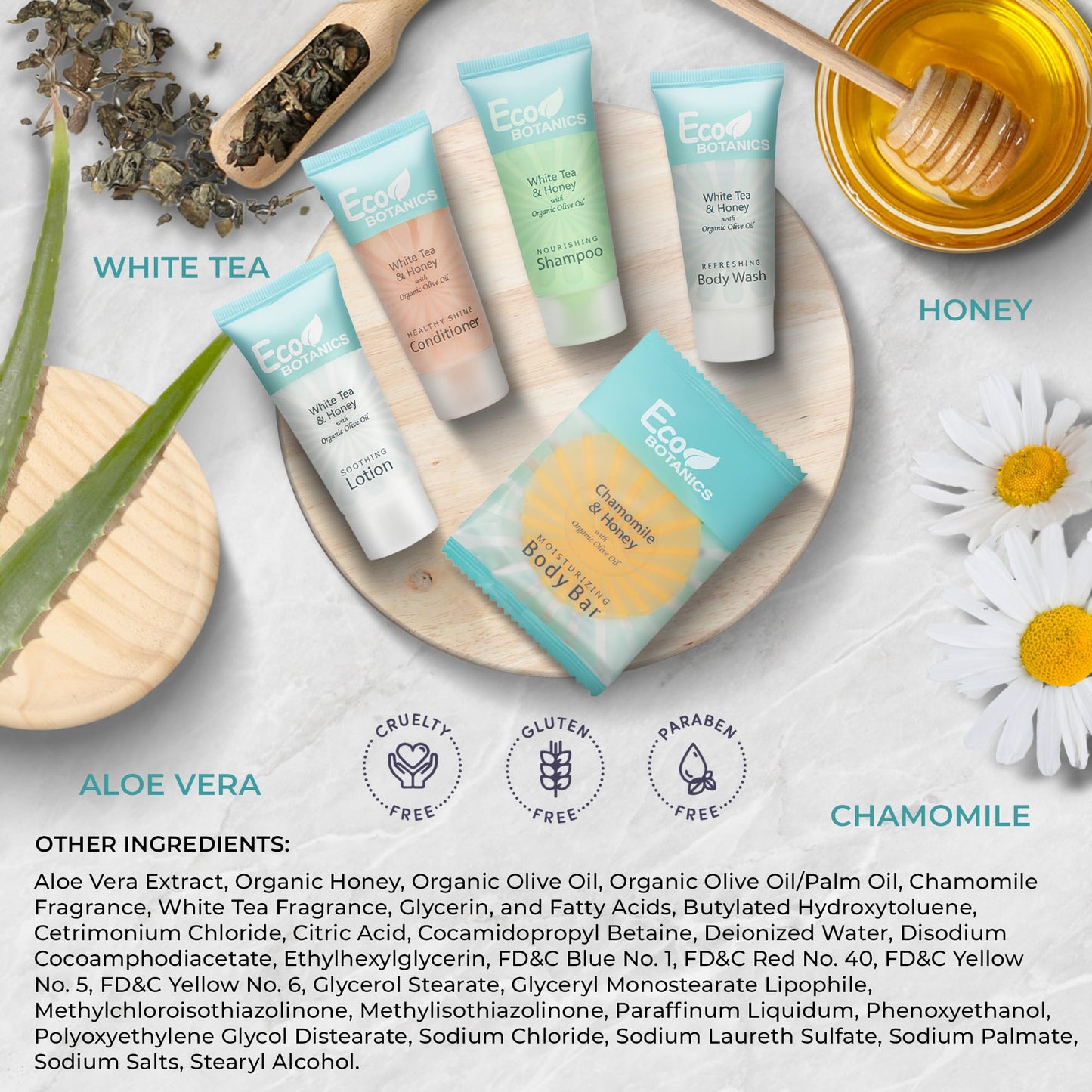 Eco Botanics Amenity Kit | Boxed Hotel Toiletries | Bulk Set .85 oz Travel Size Shampoo, Conditioner, Lotion, Body Wash & Body Bar Soap for Guest Hospitality AirBnB/Vacation Rentals | 15 sets per case