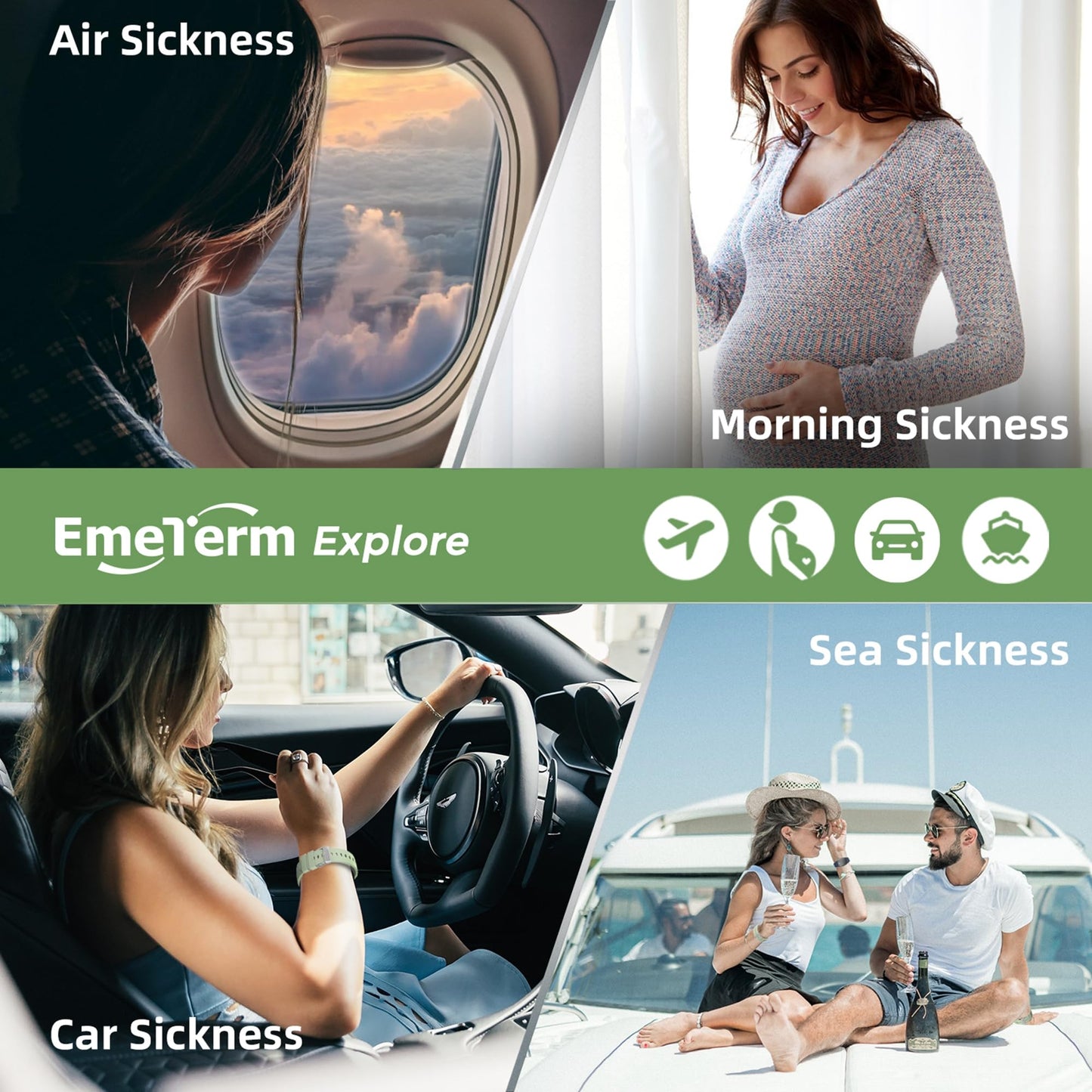 EmeTerm Explore FDA-Cleared Anti-Nausea Wristband IP67 Waterproof Morning Motion Travel Sickness Relief Classic Strap Design FSA/HSA Eligible (Mint Green-Extra 2pack Conductive Gel)