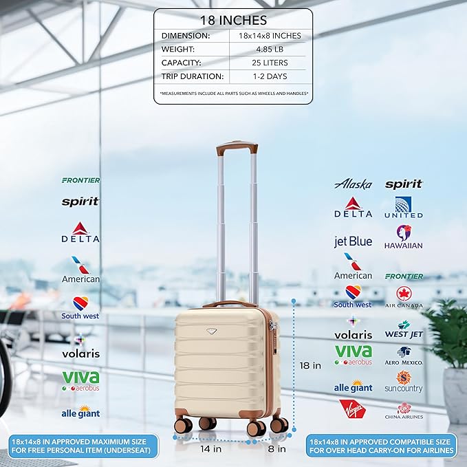 Carry On Suitcase Hardside Built In TSA Lock & USB Port Silent Double Spinner Wheels Maximum Underseat Carry-On Bag For American & United Approved Airlines( 18x14x8" ,Cream/Tan )