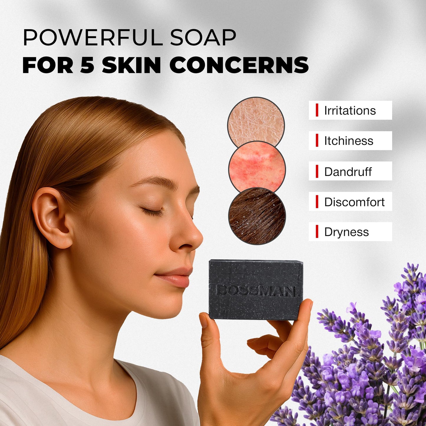 Bossman Men's 4-in-1 Bar Soap for Men + Black Soap Dish Bundle – 4 oz Bar with Lavender & Patchouli Scent + Ceramic Base with Bamboo Tray