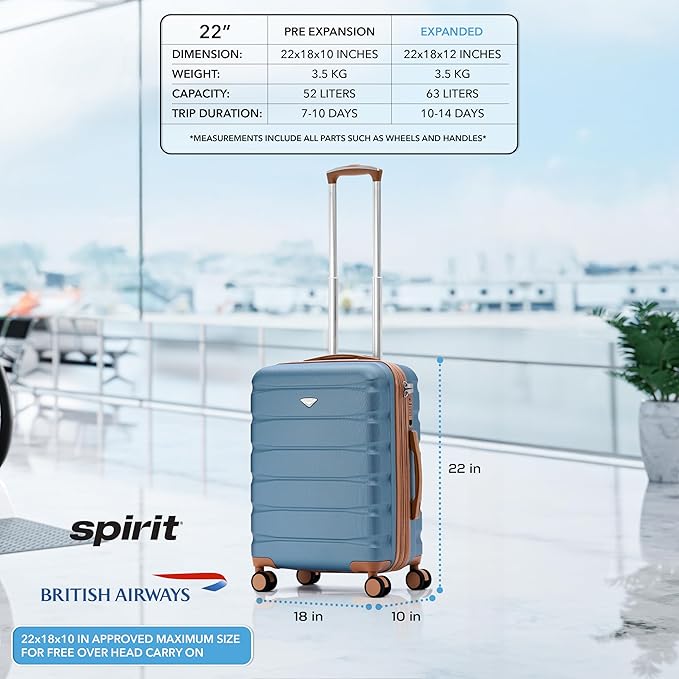 Carry On Suitcase Hardside TSA Lock & USB Port Silent Double Spinner Wheels Maximum Overhead Carry-On Bag Approved For Many Airlines( 22x18x10" ,Blue/Tan )