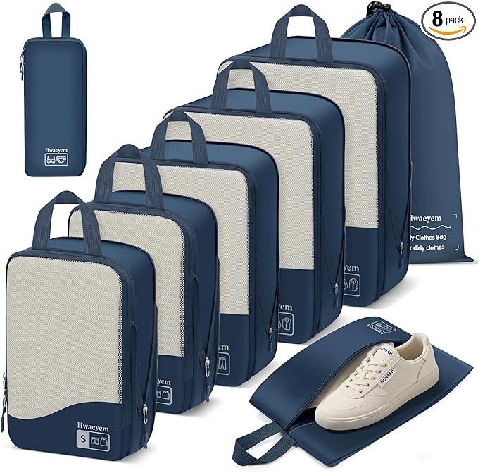 Compression Packing Cubes 8 Set, See-Through Mesh Compression Packing Cubes Travel for Carry on Women/Men, Dual Zipper Packing Bags for Suitcases, Luggage and Backpacks (Navy Blue)