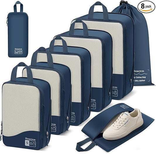 Compression Packing Cubes 8 Set, See-Through Mesh Compression Packing Cubes Travel for Carry on Women/Men, Dual Zipper Packing Bags for Suitcases, Luggage and Backpacks (Navy Blue)