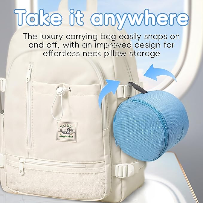 Junior Kids Travel Neck Pillow - Ergonomic Memory Foam Pillow for Airplane, Car, Booster Seat - Soft, Washable, Compact Travel Pillow with Strap - Light Blue - Ages 4–13