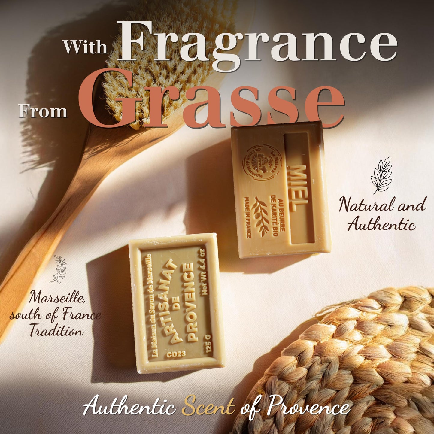 Hand & Body Soap Bars Trio - Rose Moisturizing French Soap with Organic Shea Butter - Rich Creamy Lather - 97% Natural Ingredients - Solid Bath Cleanser Made in Provence - 3x4.4 oz