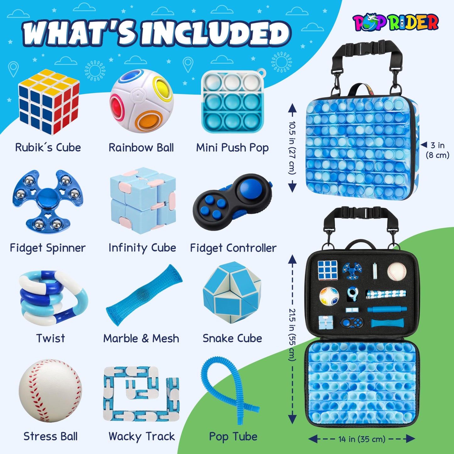 POPRIDER Travel Fidget Case Set with 12 Fidget Toys, Road Trip Activities for Kids, Airplane Must Haves for Kids, Sensory Toys, Car Travel Essentials for Long Trips (Blue)