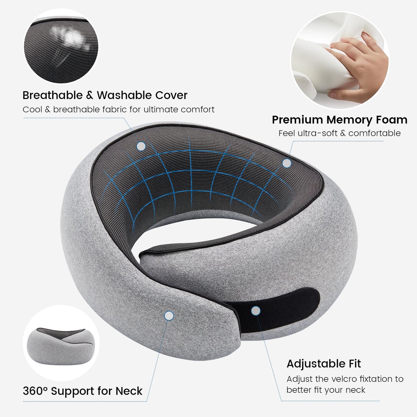 4litamz Neck Pillow Airplane,100% Pure Memory FoamTravel Neck Pillow Travel Neck Support Ergonomic &Portable Design Best for Sleeping Plane Car Train Office Flight (Small Grey)