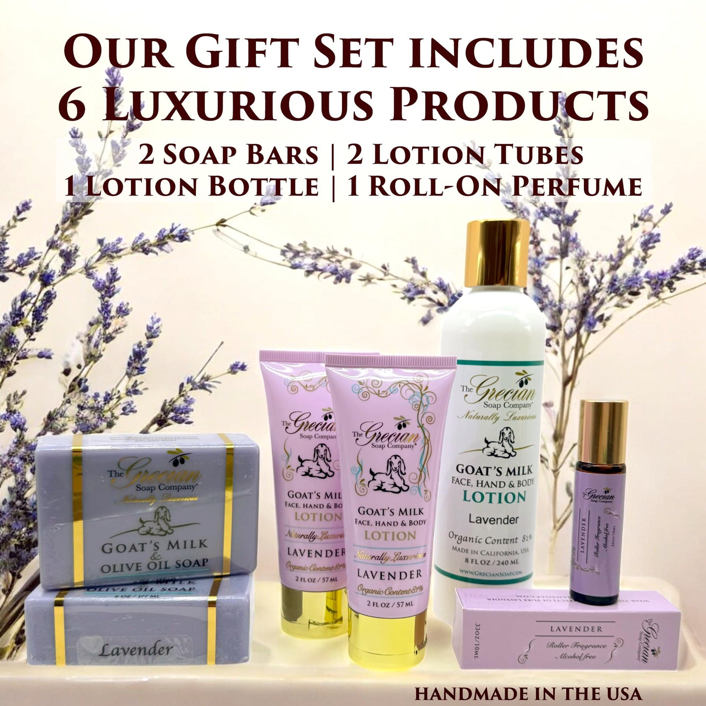 The Grecian Soap Company Self Care Gifts for Women, 6pcs Goat Milk & Olive Oil Skin Care Set, Relaxing Gift Basket, Bridal Shower Gifts, Birthday Gifts, Gifts for Mom, Lavender Scent, Handmade in USA