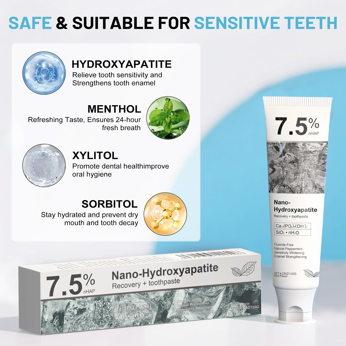 Hydroxyapatite Toothpaste for Advanced Enamel Protection, Fluoride-Free Nano Hydroxyapatite Toothpaste, Gentle and Effective Formula, Fresh Breath, Suitable for Sensitive Teeth 3 Pack