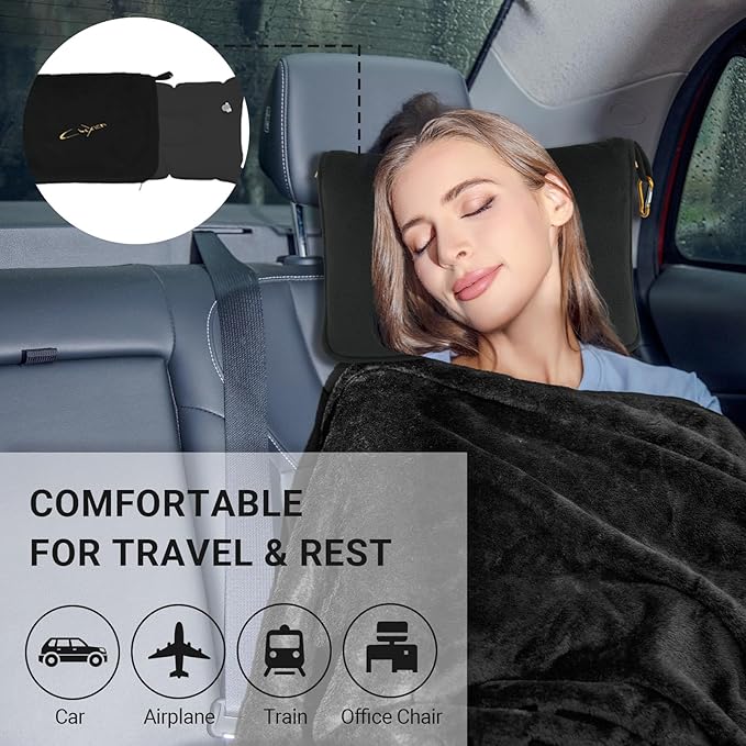 Travel Blanket & Pillow Set, 300 GSM Soft Fleece, 60x43 Inches, 3-in-1 Airplane Blanket, Travel Pillow and Blanket Set, Travel Blanket Airplane Compact with Bag, Travel Essentials, Black
