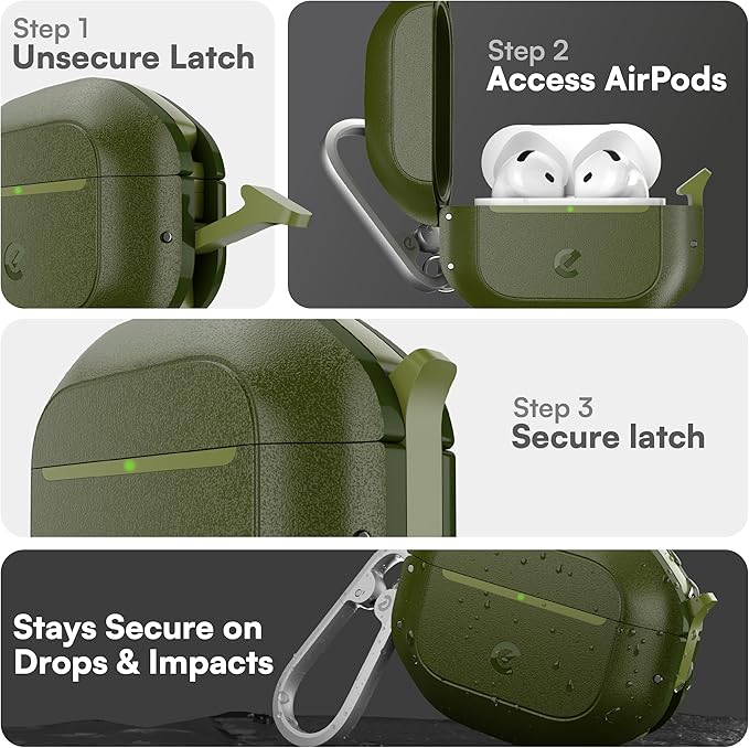Keybudz for AirPods 4 Case with Lock - Fully Waterproof AirPods 4th Generation Case Cover - Keychain, Rugged Tough Protection, Hard Shell and Carabiner (Forest Green)