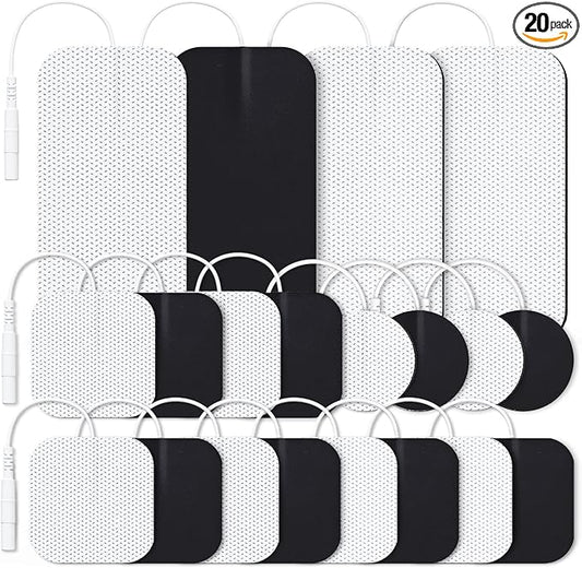 AUVON TENS Unit Replacement Pads Combination Set, 20 Packs Multiple Sizes Electrodes for TENS Unit, Reusable and Latex Free Pigtail TENS Pads for Multiple Pain Relief, 2mm Connector