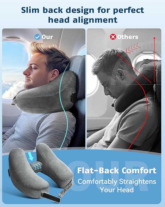 Travel Pillow Inflatable Neck Pillow Airplane Pillow with Velvet Cover Inflatable Pillow for Car/Train/Plane (Grey, M)
