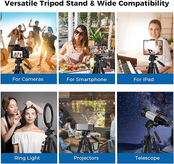 75" Camera Tripod, Heavy Duty Aluminum Camera Stand for ipad Phone, Travel Tripod with Remote/Carry Bag/Phone Tablet Holder, Compatible with DSLR, Spotting Scopes, Max Load 15 Lb(Grey)