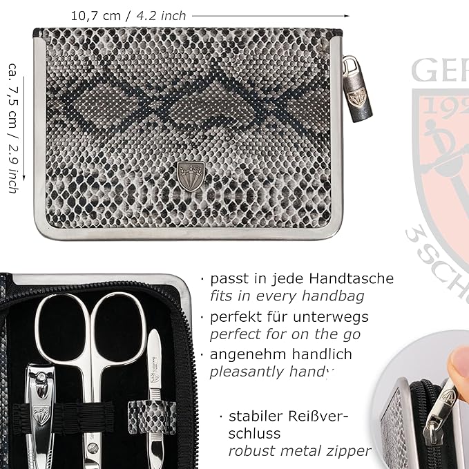 3 Swords Germany - brand quality 6 piece manicure pedicure kit set for professional finger & toe nail care with synthetic leather case - Made in Germany - snake optics