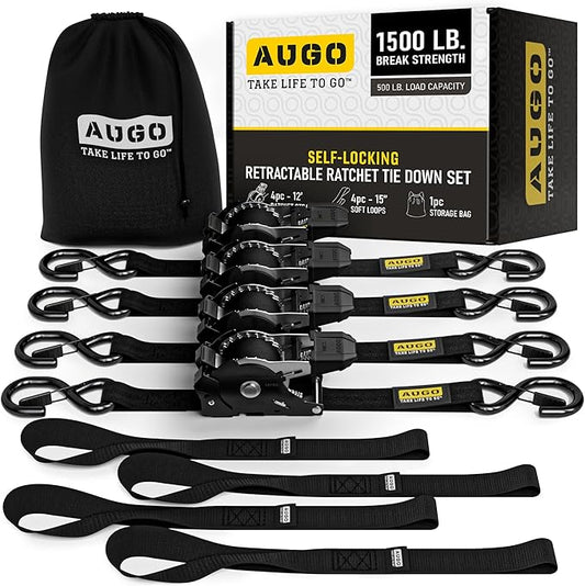 AUGO Self-Locking Retractable Ratchet Straps | 4 Heavy Duty Self-Tensioning Retractable Tie Down Straps with Soft Loops & Storage Bag | for Motorcycle, Truck, Cargo | 1500Lb Break Strength 1” x 12’