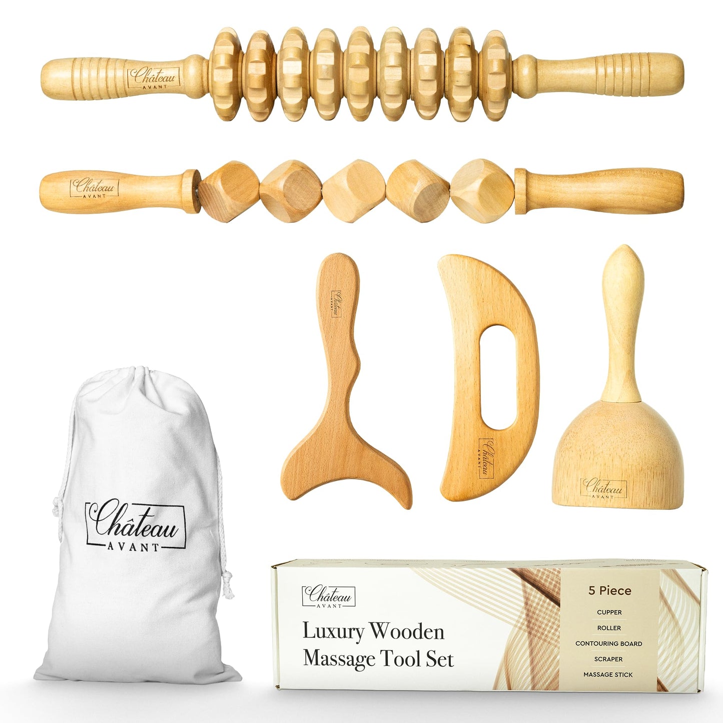 Château Avant Luxury Wooden Massage Tool Set, 5-Piece Lymphatic Drainage & Sculpting Kit – Cupper, Roller, Contouring Board, Scraper & Rope Roller